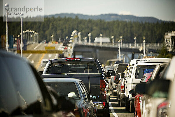 Ferry boat line traffic jam during Summer.