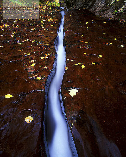 A thin stream of white water rushes down through an incipient sandstone crack in Zion national Park.