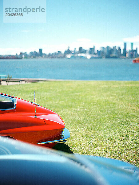 Vancouver cityscape with vintage cars  British Columbia  Canada