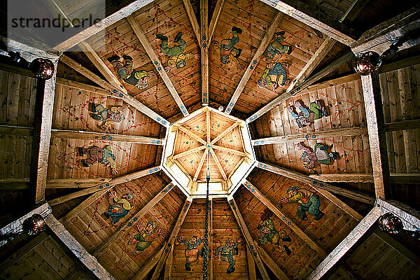 View of a painted ceiling in a building in Norway.