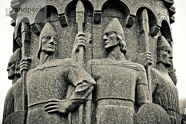 Close-up of a carved stone pillar in Central Norway.