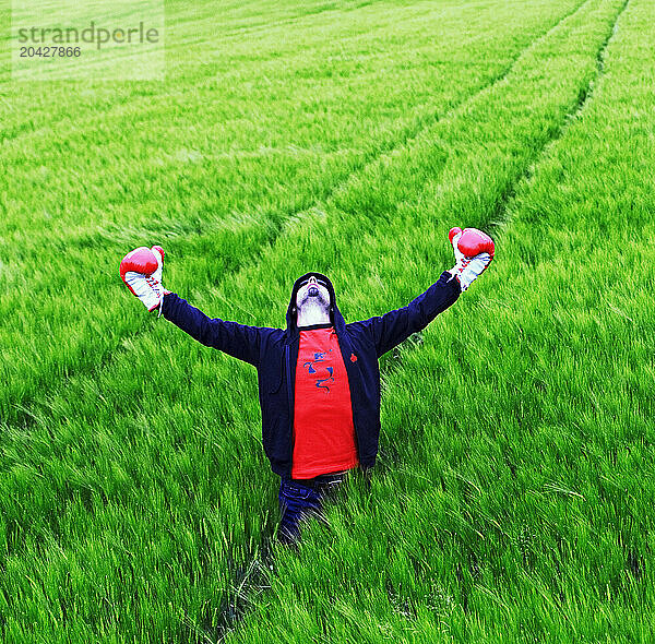 A young man wearing boxing gloves raises his hands in the air while standing in a field  Berg  Switzerland.