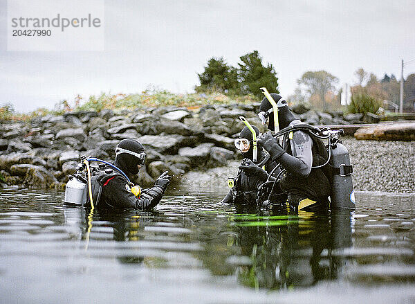 A group of scuba divers float in the water and talk before diving near the beach.