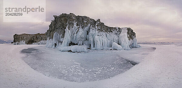 Rock formation at frozen Baikal Lake  Irkutskâ€ Oblast  Siberia  Russia