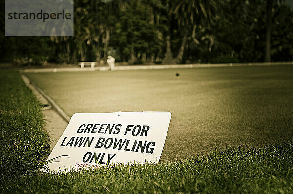 Greens for lawn bowling only sign in Balboa Park  San Diego  California.