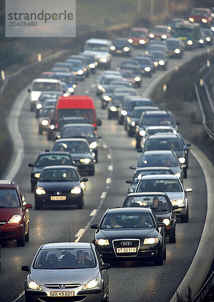 Morning traffic tailback  on the highway between Helsinor and Copenhagen