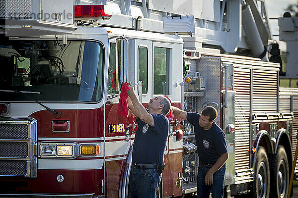 Fire engine cleaning  New Holstein  Wisconsin  USA