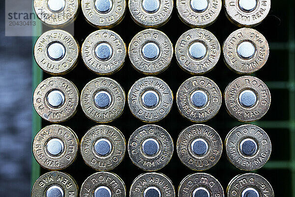 Detail shot of 7 mm rifle ammunition lined up neatly in rows.