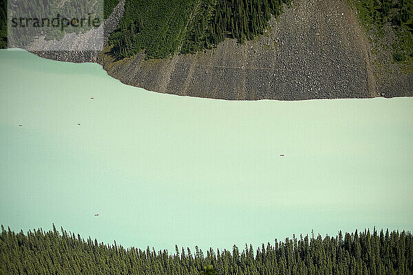 Canoes viewed from the Beehive high above Lake Louise in Banff NP  Alberta Canada on 7/24/2010