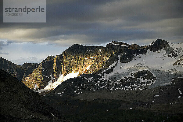 Sunrise light on peaks in Jasper National Park  Alberta Canada.