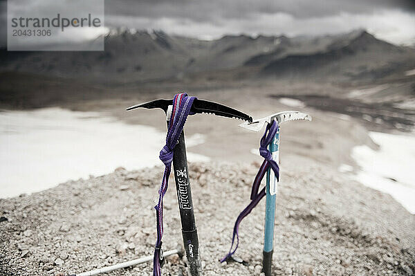 Ice Axes grounded in ash and pumice awaiting a summit attempt of Mount Trident (1832m)  Valley of Ten Thousand Smokes  Katmai National park  Alaska.