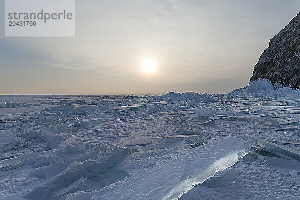 Ice at frozen Lake Baikal  Irkutsk  Siberia  Russia