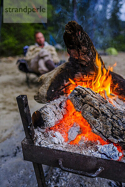 Campfire on beach  Salmon River  Idaho  USA