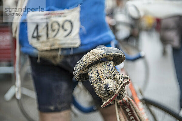 A muddy spare inner tube after the race. Eroica is a cycling event that takes place since 1997 in the province of Siena with routes that take place mostly on dirt roads with vintag