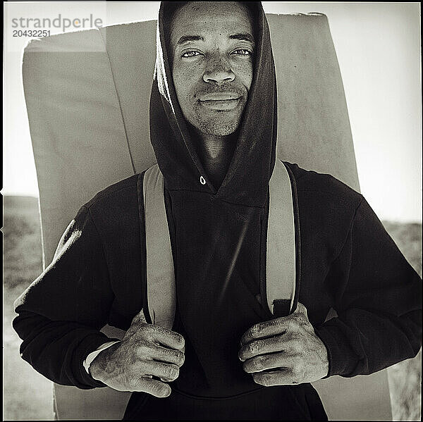 A rock climber poses for a portrait at Hueco Tanks State Park  Texas