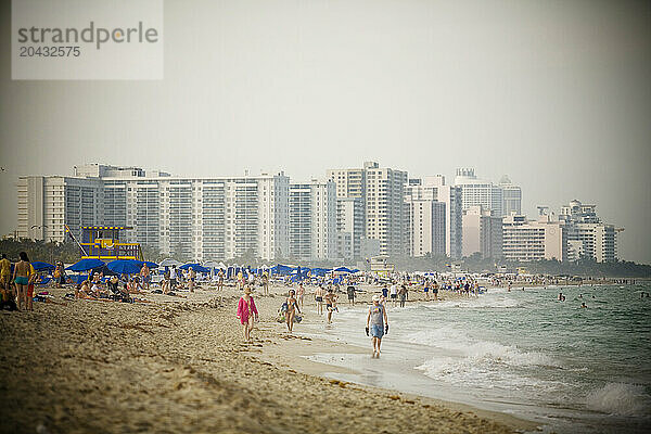 people tanning and swimming in the Atlantic Ocean on South Beach  Miami  Florida.