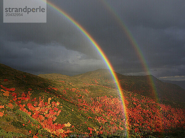 Double Rainbow over fall foliage in Wasatch Mountain State Park  UT