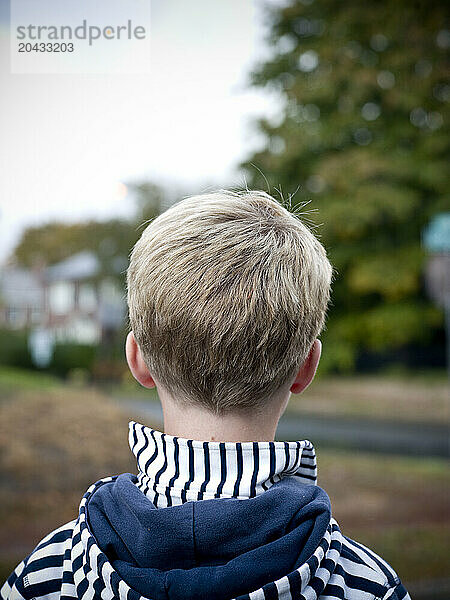 back of boy's head with stripes