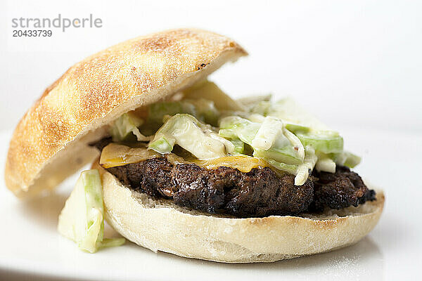 Home made hamburger with apple and celery garnish on a white plate.