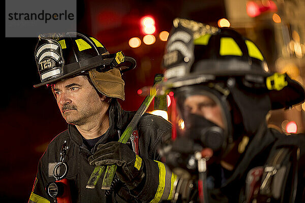 Firefighters with fire equipment  New Holstein  Wisconsin  USA