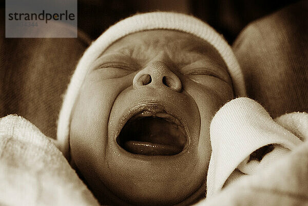 Anewborn baby breaks into a wail on her father's lap Flagstaff  Arizona.