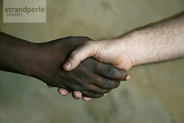 Black and white hands during a handshake.