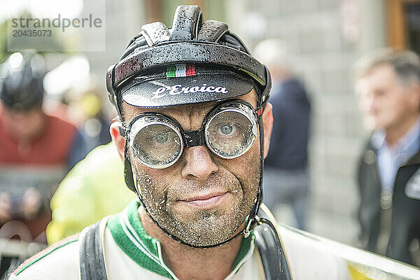 Muddy goggles after the race. Eroica is a cycling event that takes place since 1997 in the province of Siena with routes that take place mostly on dirt roads with vintage bicycles.