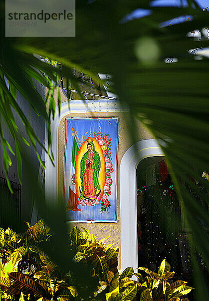 The likeness of Our Lady of Guadalupe is visible between the leaves of a palm tree at a small roadside capilla at a roadside arts and crafts store.