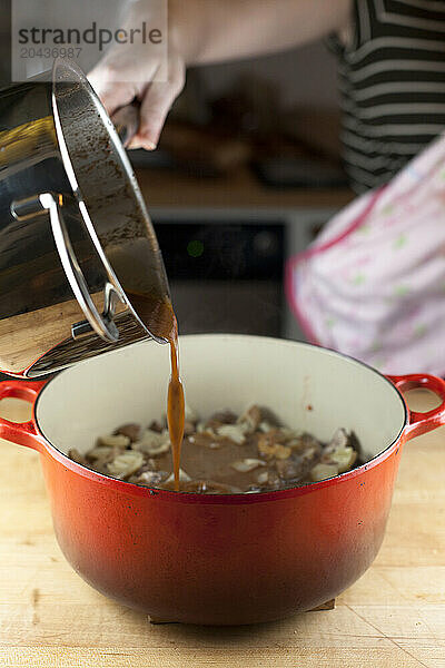 A woman pours Beef bourguignon into a red bowl in a home.