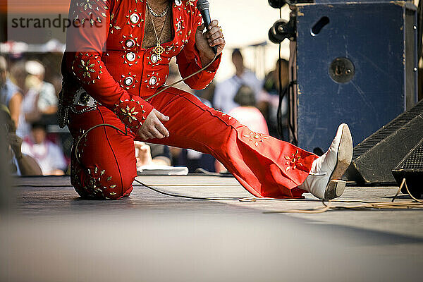 Elvis impersonator on stage performing in front of a crowd.