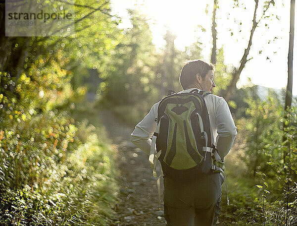 A sun flared back shot of a middle aged male hiking up a trail surrounded by trees.