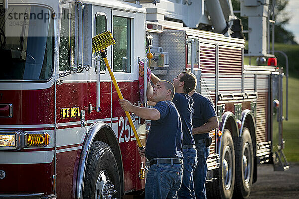 Firetruck washed by firefighters  New Holstein  Wisconsin  USA