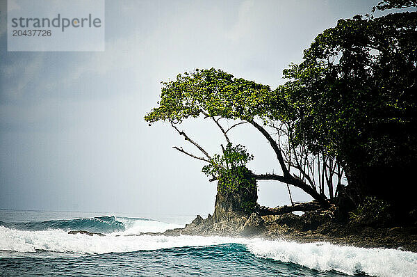 A tropical wave breaks by an isolated island.