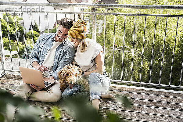 Happy young couple using laptop with dog on balcony