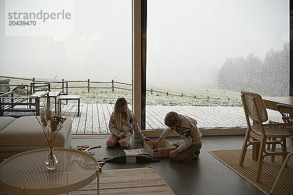 Siblings playing by large window at home in winter