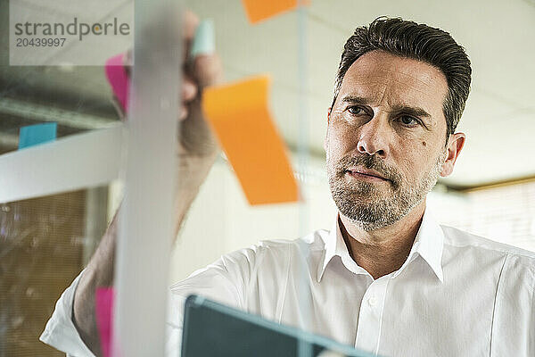 Confident businessman with adhesive note on glass at office