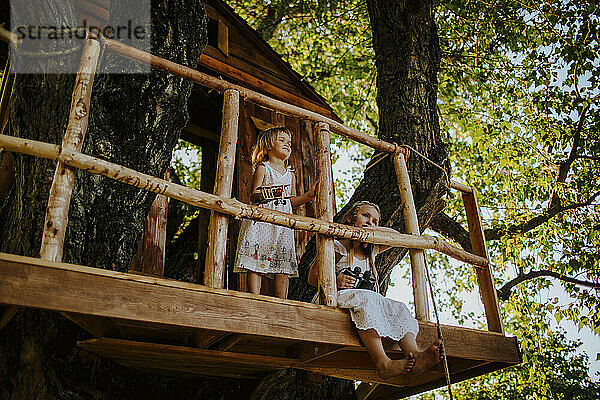 Siblings on tree house in garden