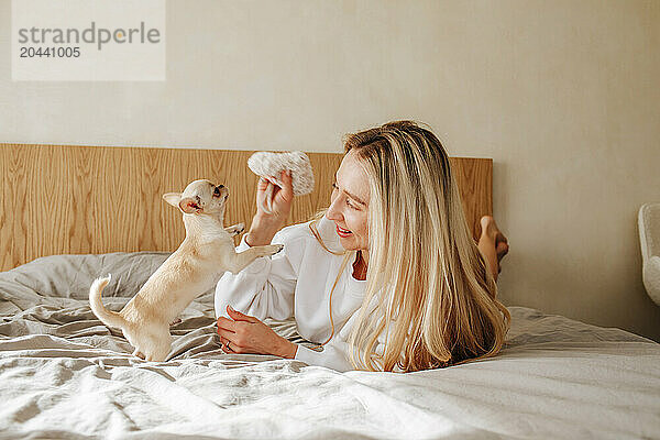 Smiling young woman playing with chihuahua dog in bed at home