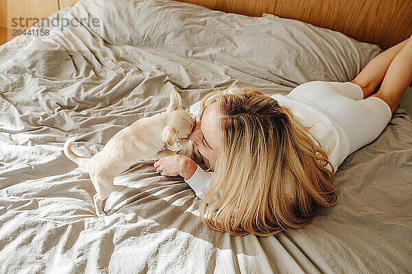 Woman with blond hair playing with chihuahua dog in bed at home