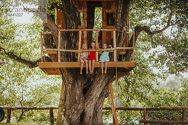 Smiling girls sitting on tree house