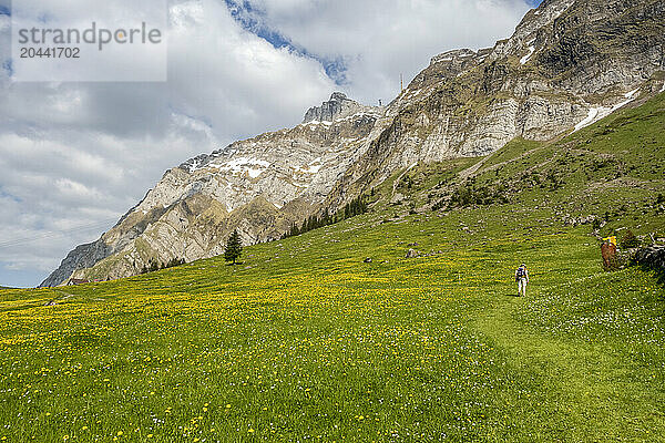 Senior man hiking near Santis mountain in Switzerland