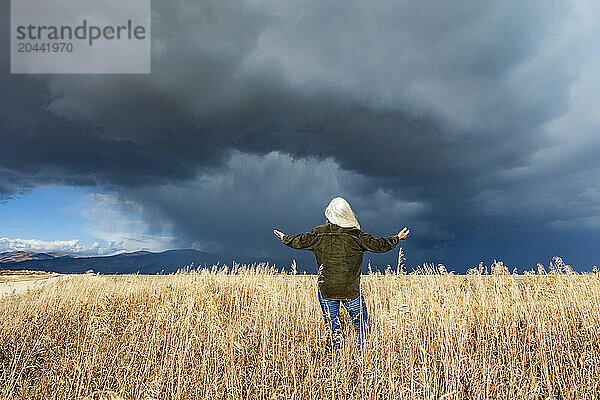 Rear view of woman standing in fall grasses under stormy sky