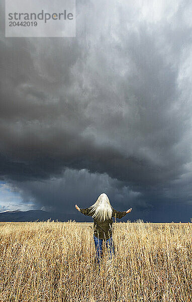 Rear view of woman standing in fall grasses under stormy sky