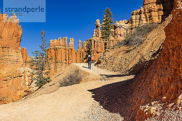 Rear view of woman hiking in Bryce Canyon National Park on sunny day