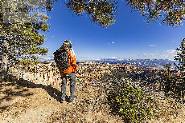 Rear view of woman looking at view in Bryce Canyon National Park