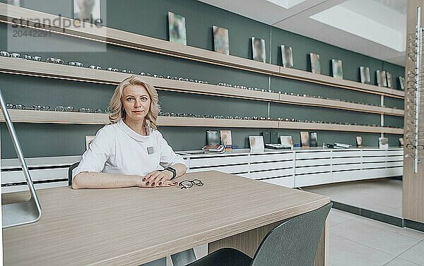 Smiling mature doctor sitting at desk in front of eyeglasses rack