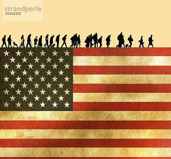 Illustration of silhouette refugees walking in line over American flag