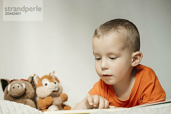 Boy reading book and lying on bed at home