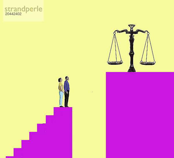 Illustration of couple looking at justice scale against yellow background