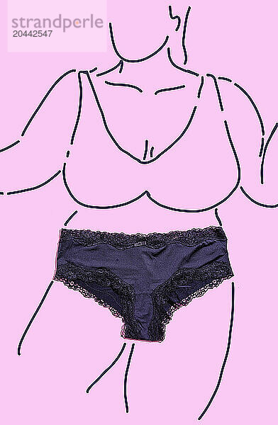 Drawing on woman wearing black underwear over pink background